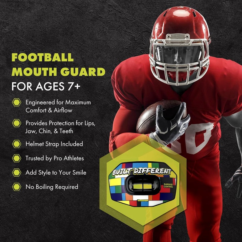 DAMAGE CONTROL Youth Football Mouth Guard – Breathable No Boil Mouthpiece, Protects Lips & Teeth, Works with Braces, Includes Helmet Strap – Sports Gear & Accessories (Built Different) - Image 2